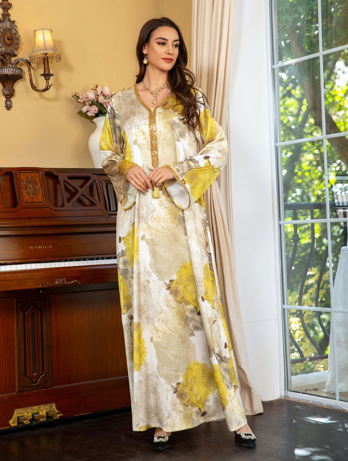 Women Muslim Abaya Maxi Dress Evening Kaftan Long Robe Floral Printed Arab Gown - Picture 170 of 406