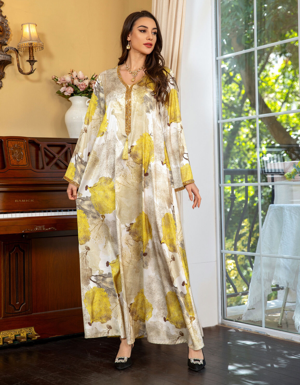 Women Muslim Abaya Maxi Dress Evening Kaftan Long Robe Floral Printed Arab Gown - Picture 173 of 406