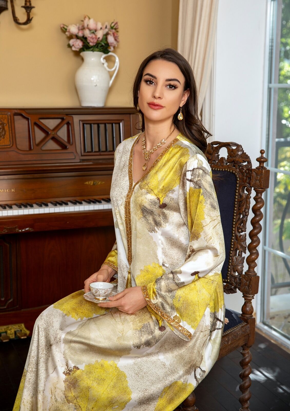 Women Muslim Abaya Maxi Dress Evening Kaftan Long Robe Floral Printed Arab Gown - Picture 175 of 406
