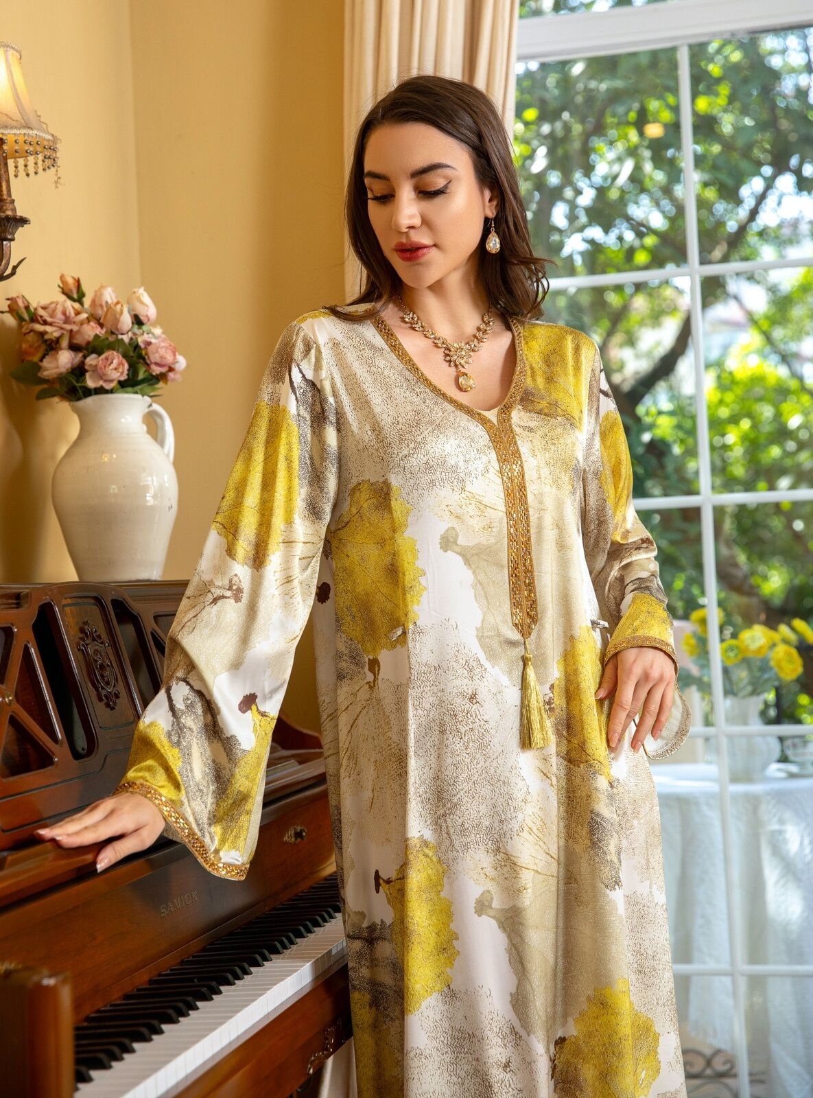 Women Muslim Abaya Maxi Dress Evening Kaftan Long Robe Floral Printed Arab Gown - Picture 177 of 406
