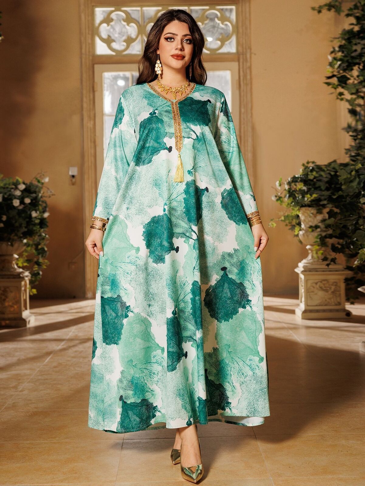 Women Muslim Abaya Maxi Dress Evening Kaftan Long Robe Floral Printed Arab Gown - Picture 179 of 406