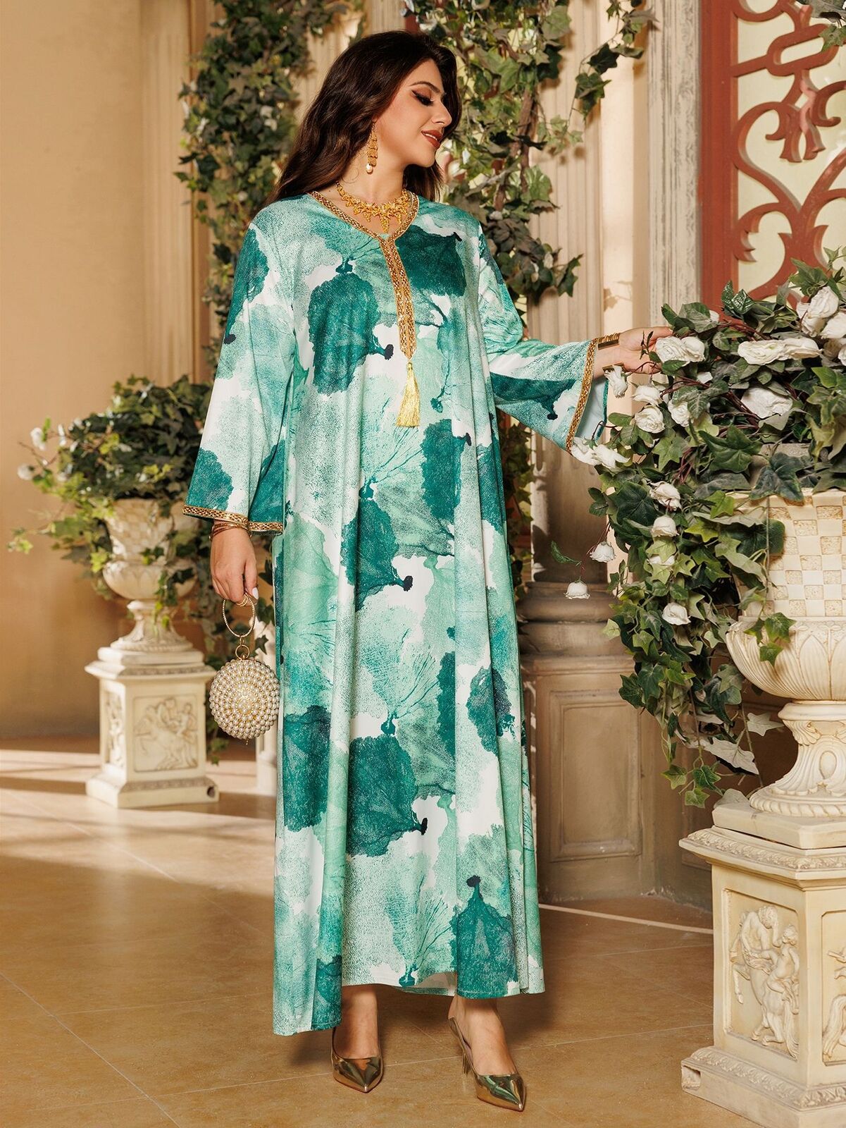Women Muslim Abaya Maxi Dress Evening Kaftan Long Robe Floral Printed Arab Gown - Picture 182 of 406