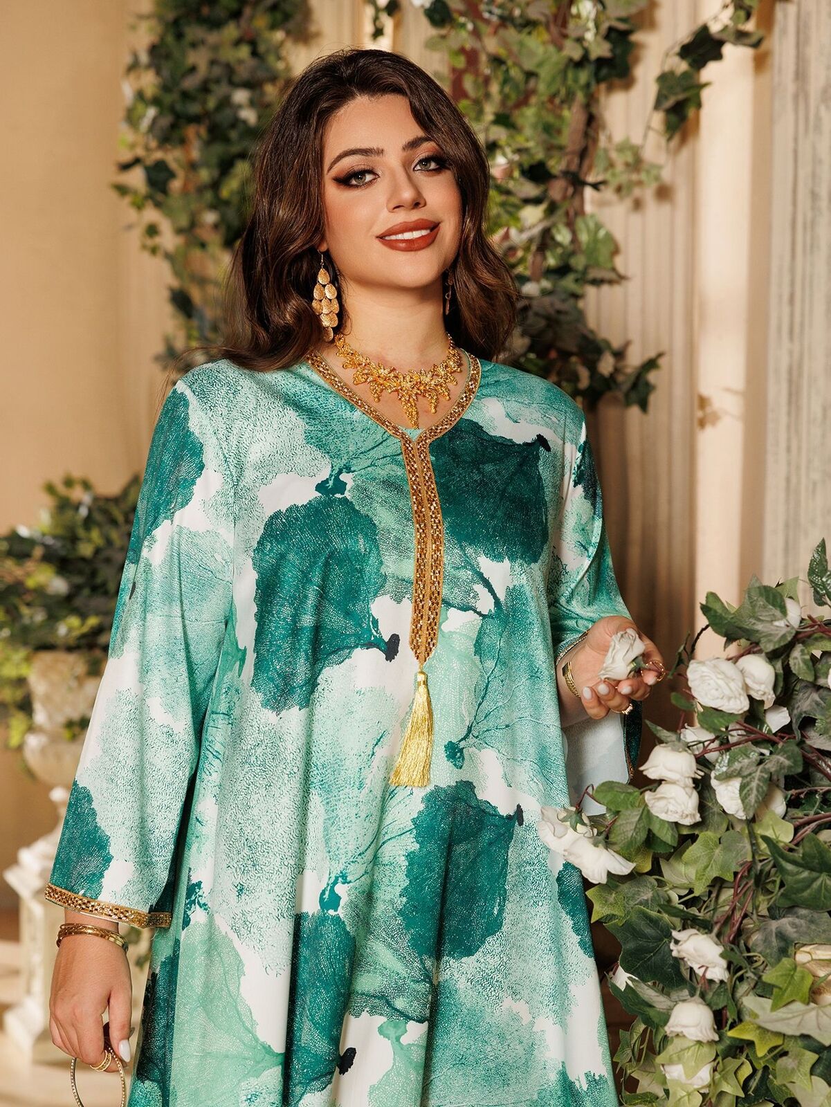 Women Muslim Abaya Maxi Dress Evening Kaftan Long Robe Floral Printed Arab Gown - Picture 184 of 406