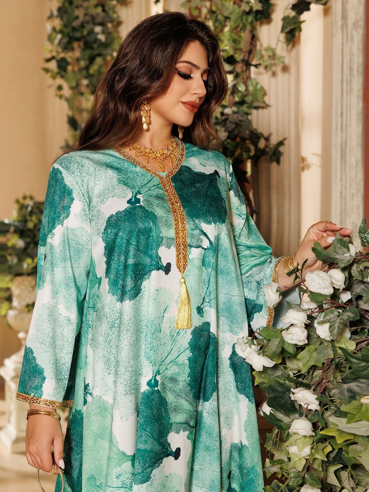 Women Muslim Abaya Maxi Dress Evening Kaftan Long Robe Floral Printed Arab Gown - Picture 185 of 406