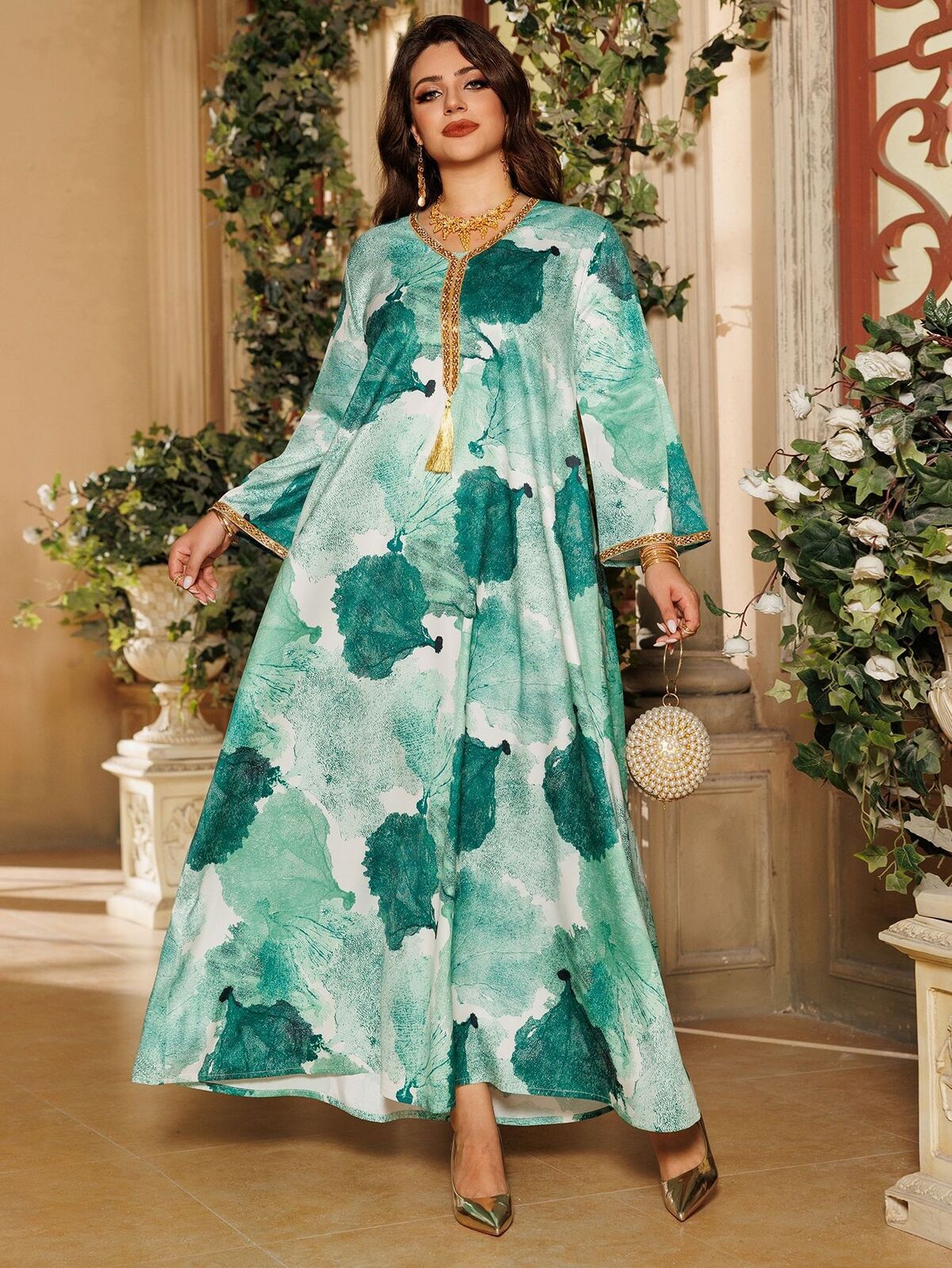 Women Muslim Abaya Maxi Dress Evening Kaftan Long Robe Floral Printed Arab Gown - Picture 186 of 406