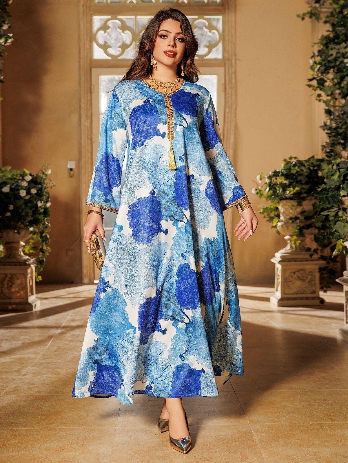 Women Muslim Abaya Maxi Dress Evening Kaftan Long Robe Floral Printed Arab Gown - Picture 191 of 406