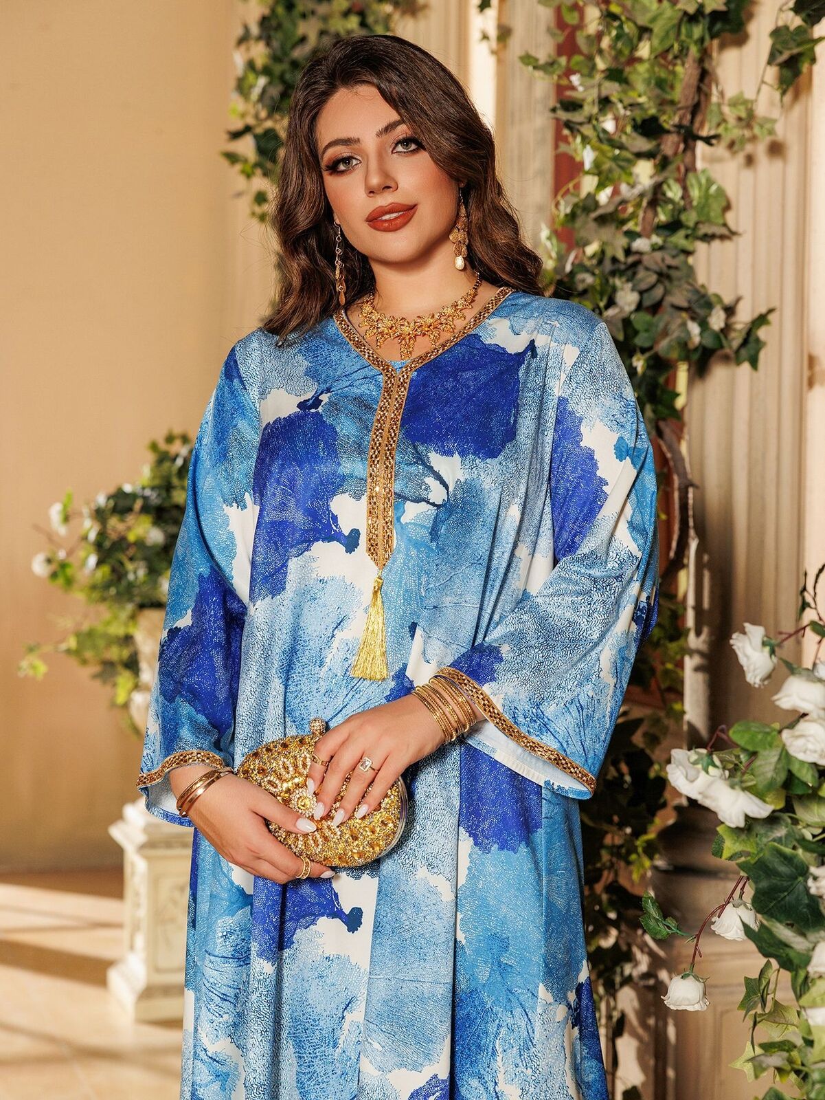 Women Muslim Abaya Maxi Dress Evening Kaftan Long Robe Floral Printed Arab Gown - Picture 194 of 406