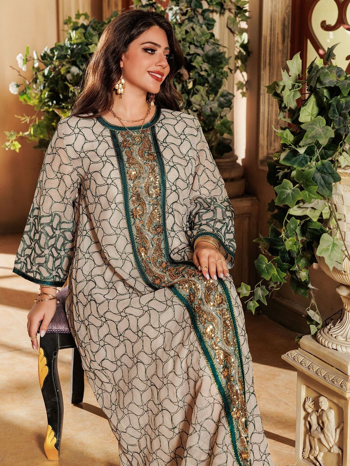 Women Muslim Abaya Maxi Dress Evening Kaftan Long Robe Floral Printed Arab Gown - Picture 254 of 406