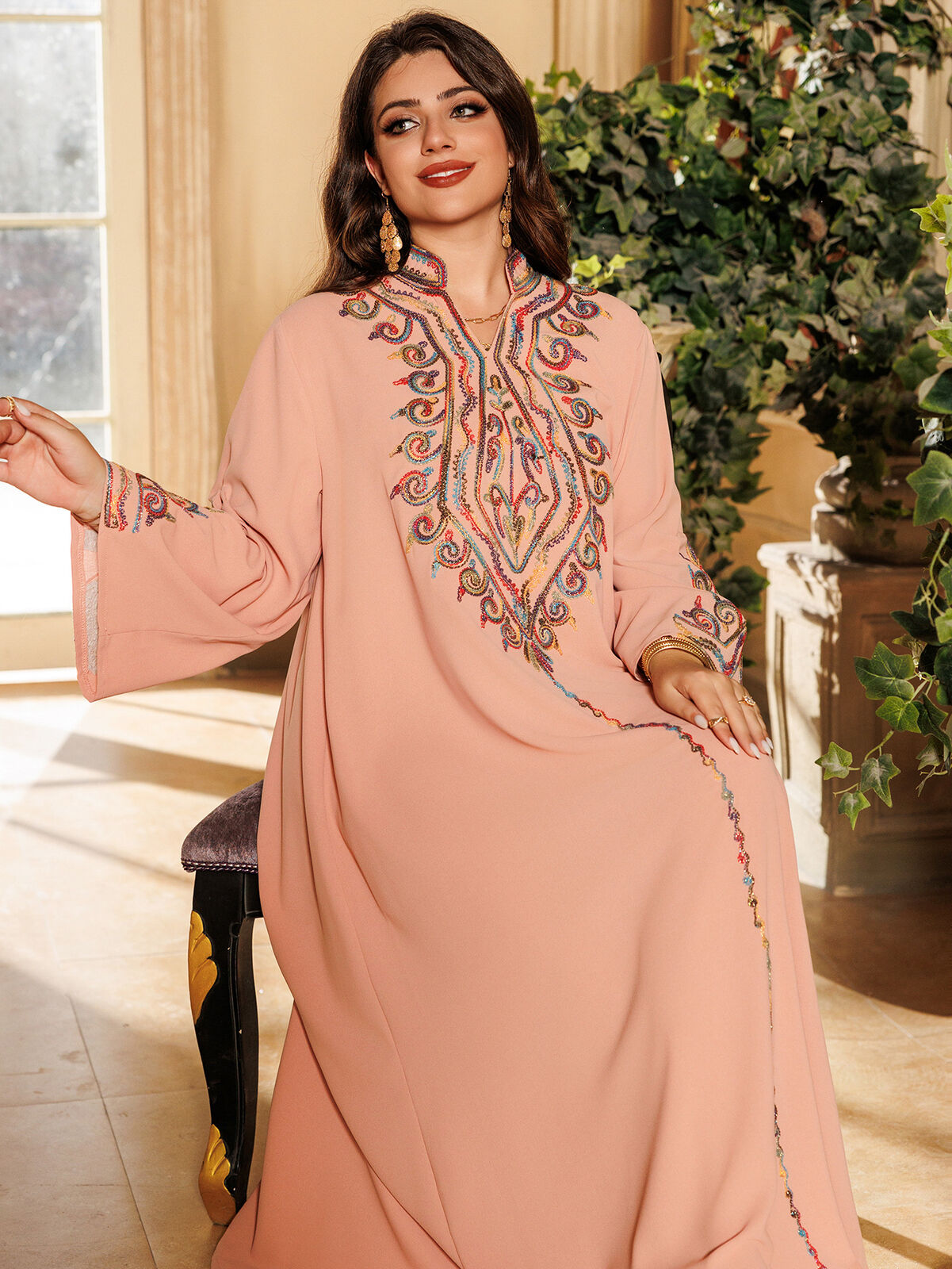 Women Muslim Abaya Maxi Dress Evening Kaftan Long Robe Floral Printed Arab Gown - Picture 287 of 406