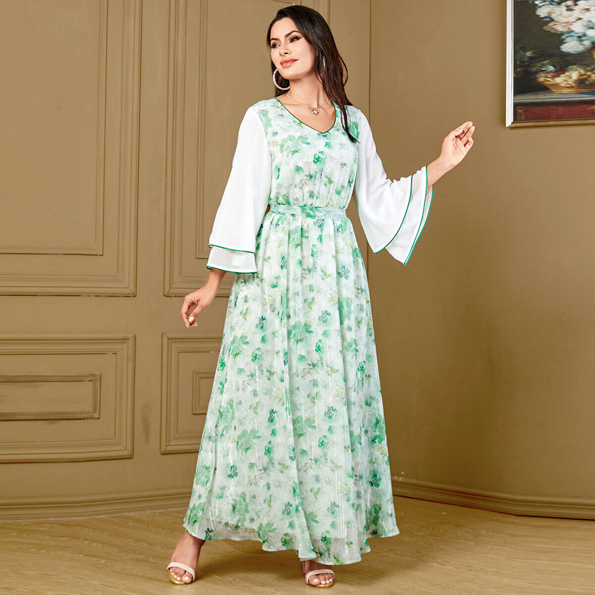 Women Muslim Abaya Maxi Dress Evening Kaftan Long Robe Floral Printed Arab Gown - Picture 307 of 406