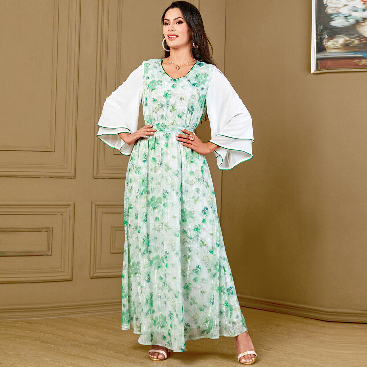 Women Muslim Abaya Maxi Dress Evening Kaftan Long Robe Floral Printed Arab Gown - Picture 308 of 406