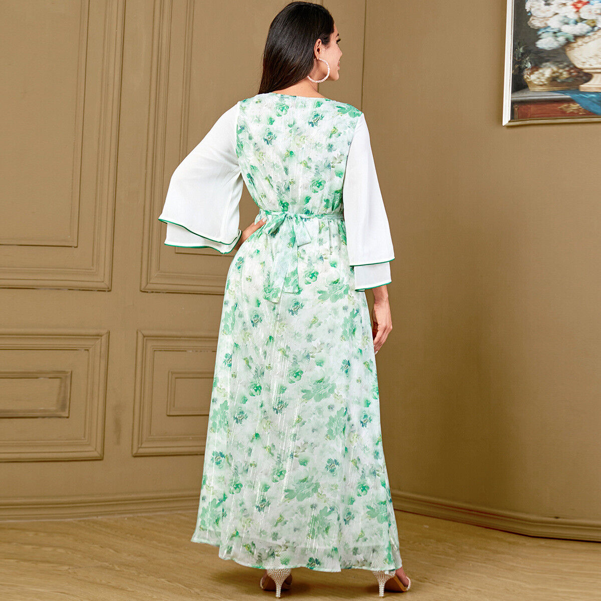 Women Muslim Abaya Maxi Dress Evening Kaftan Long Robe Floral Printed Arab Gown - Picture 310 of 406