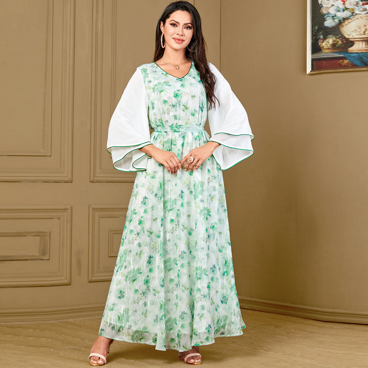 Women Muslim Abaya Maxi Dress Evening Kaftan Long Robe Floral Printed Arab Gown - Picture 312 of 406