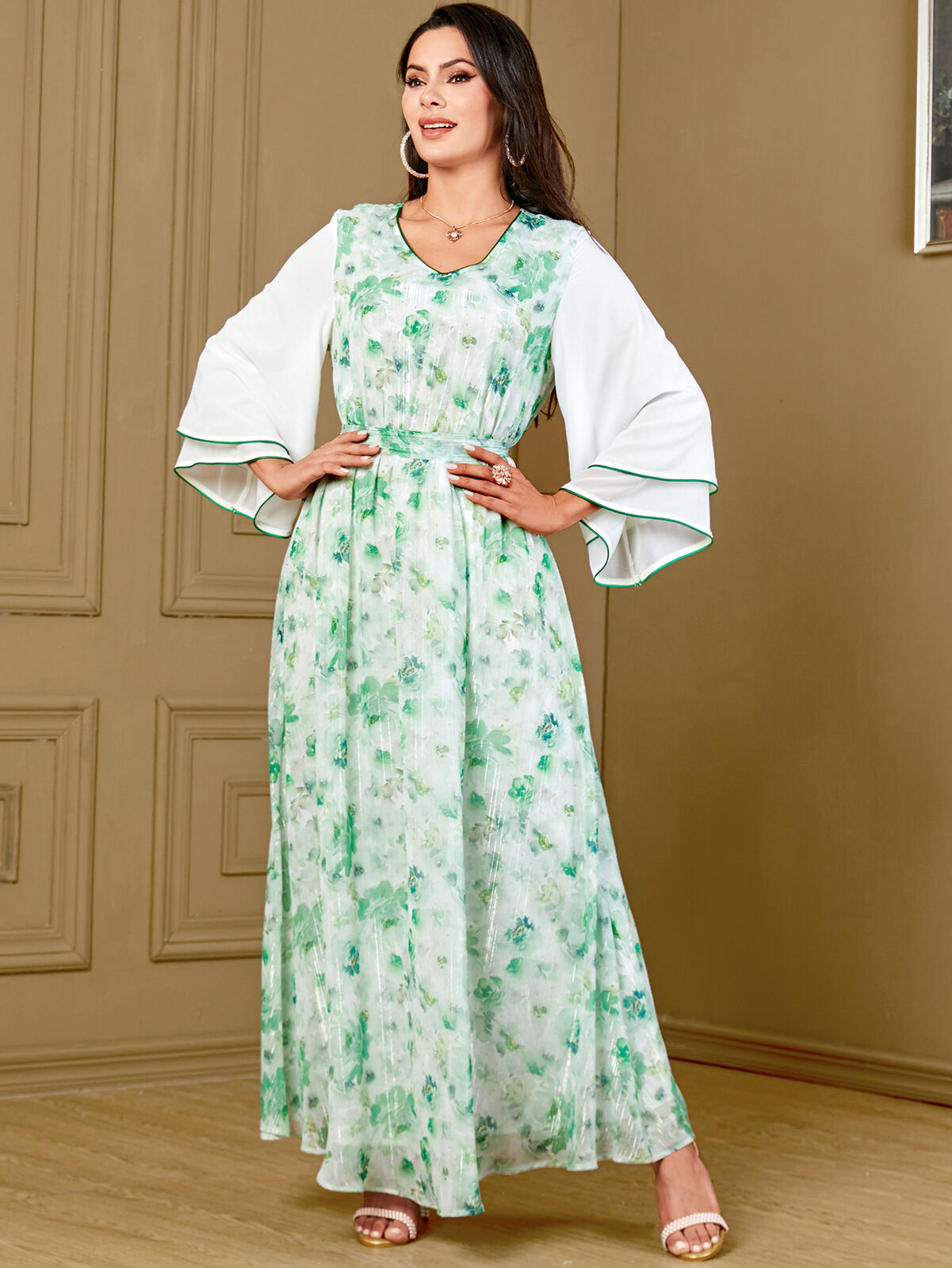 Women Muslim Abaya Maxi Dress Evening Kaftan Long Robe Floral Printed Arab Gown - Picture 313 of 406