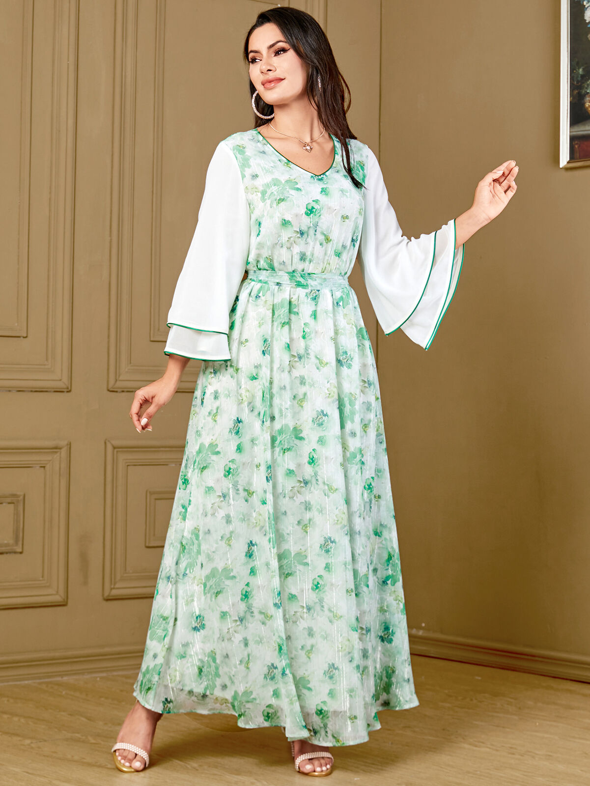 Women Muslim Abaya Maxi Dress Evening Kaftan Long Robe Floral Printed Arab Gown - Picture 314 of 406