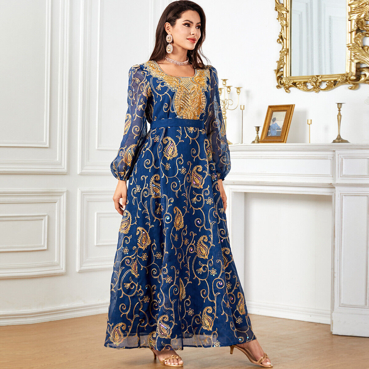 Women Muslim Abaya Maxi Dress Evening Kaftan Long Robe Floral Printed Arab Gown - Picture 328 of 406