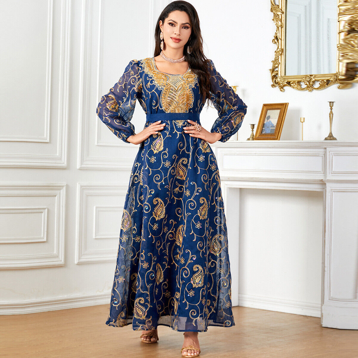 Women Muslim Abaya Maxi Dress Evening Kaftan Long Robe Floral Printed Arab Gown - Picture 329 of 406