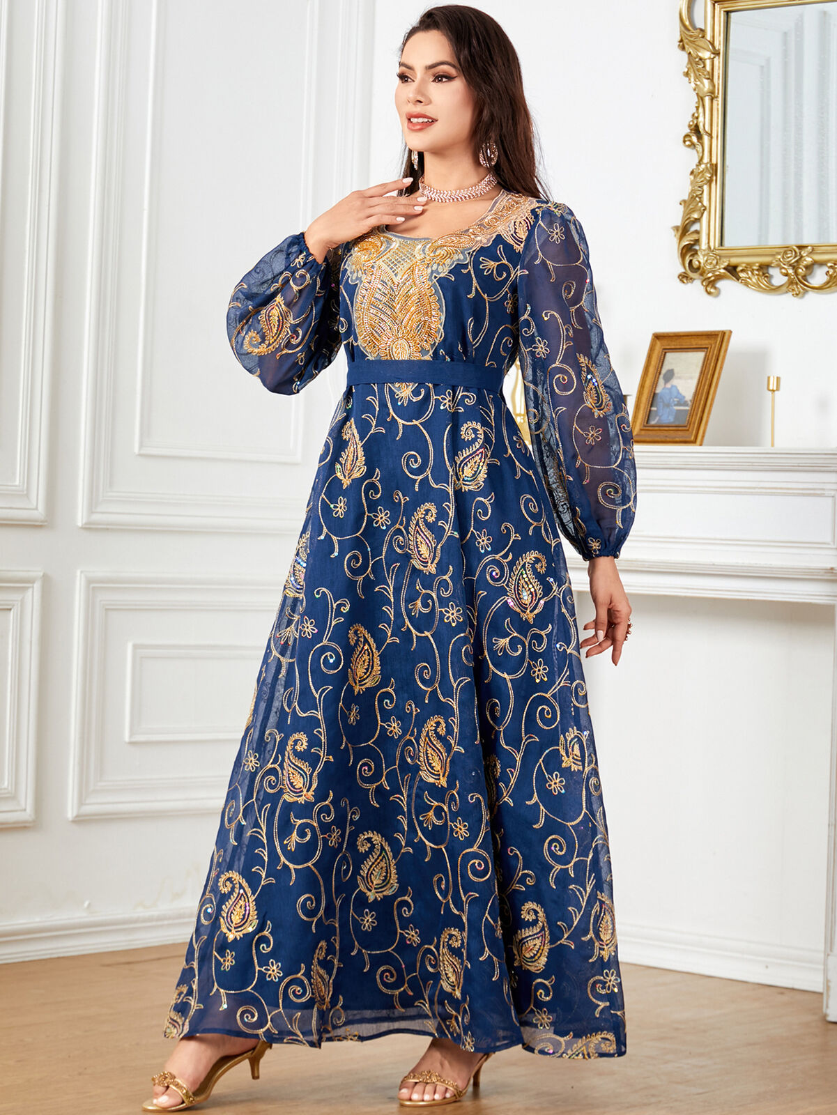 Women Muslim Abaya Maxi Dress Evening Kaftan Long Robe Floral Printed Arab Gown - Picture 330 of 406