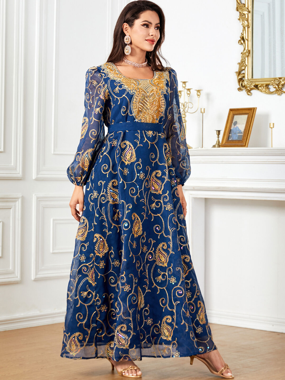 Women Muslim Abaya Maxi Dress Evening Kaftan Long Robe Floral Printed Arab Gown - Picture 331 of 406