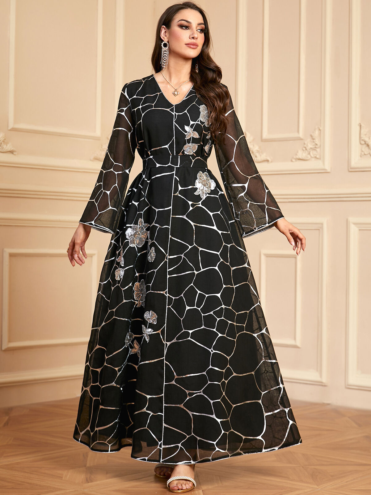Women Muslim Abaya Maxi Dress Evening Kaftan Long Robe Floral Printed Arab Gown - Picture 336 of 406