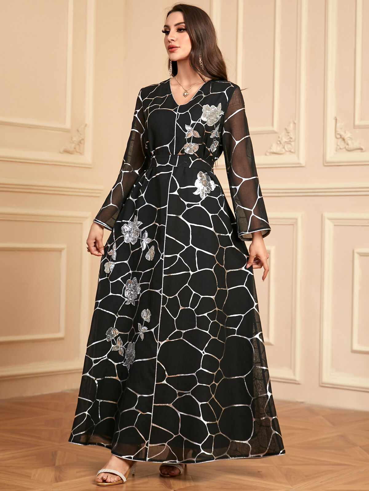 Women Muslim Abaya Maxi Dress Evening Kaftan Long Robe Floral Printed Arab Gown - Picture 337 of 406