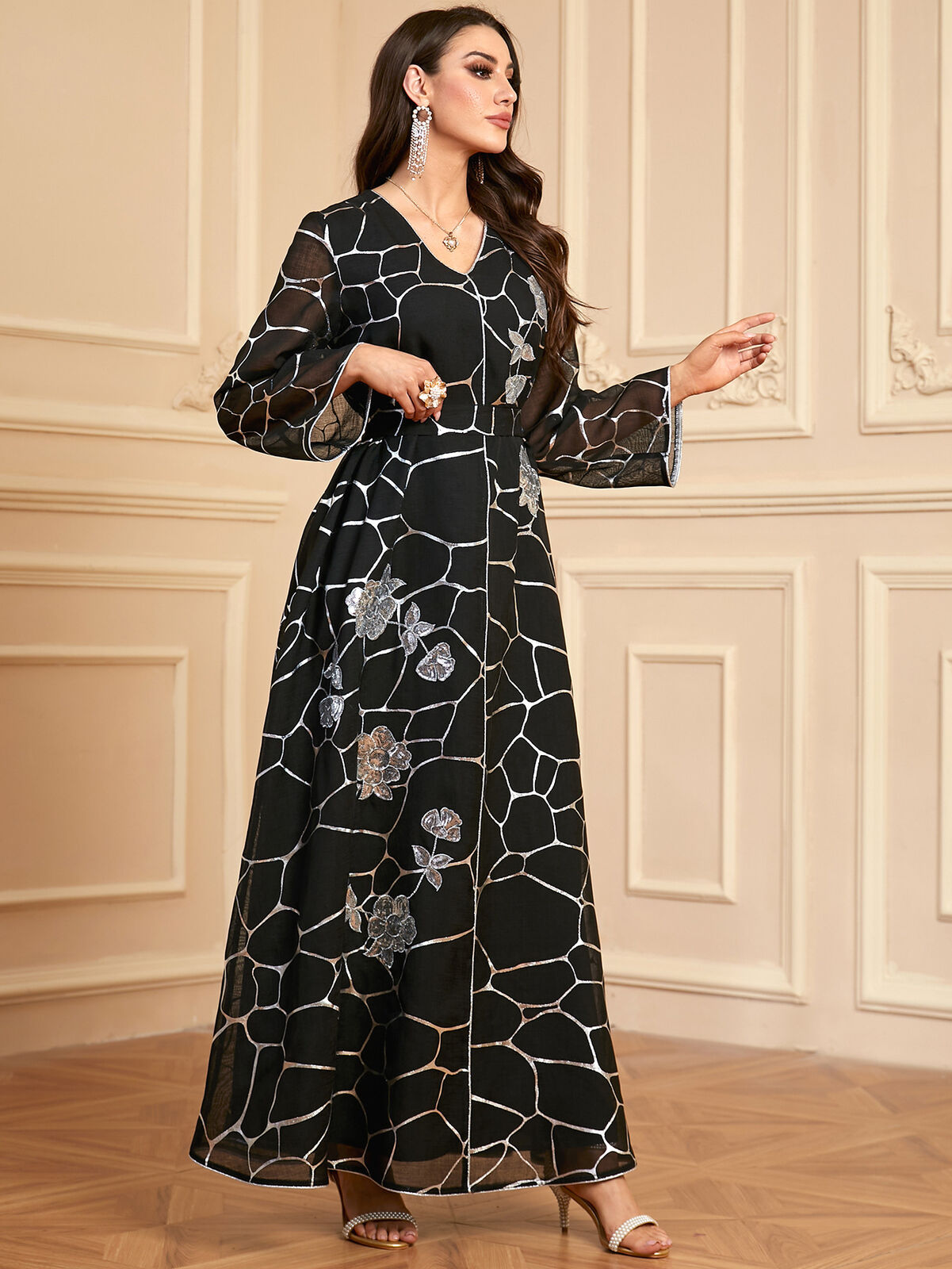 Women Muslim Abaya Maxi Dress Evening Kaftan Long Robe Floral Printed Arab Gown - Picture 338 of 406
