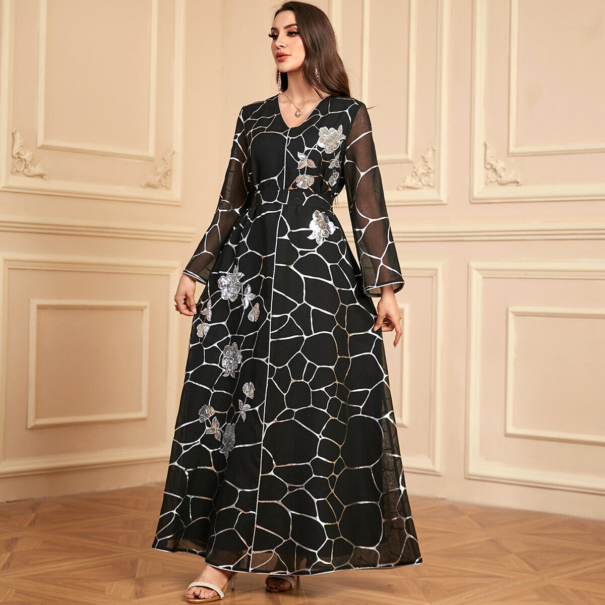 Women Muslim Abaya Maxi Dress Evening Kaftan Long Robe Floral Printed Arab Gown - Picture 339 of 406