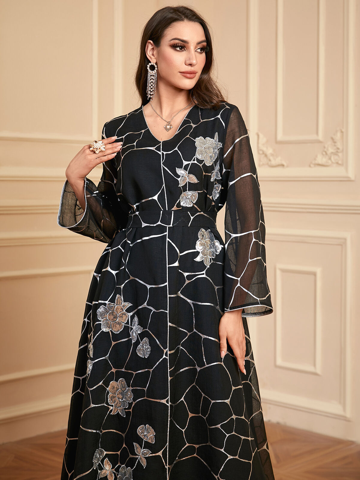 Women Muslim Abaya Maxi Dress Evening Kaftan Long Robe Floral Printed Arab Gown - Picture 341 of 406