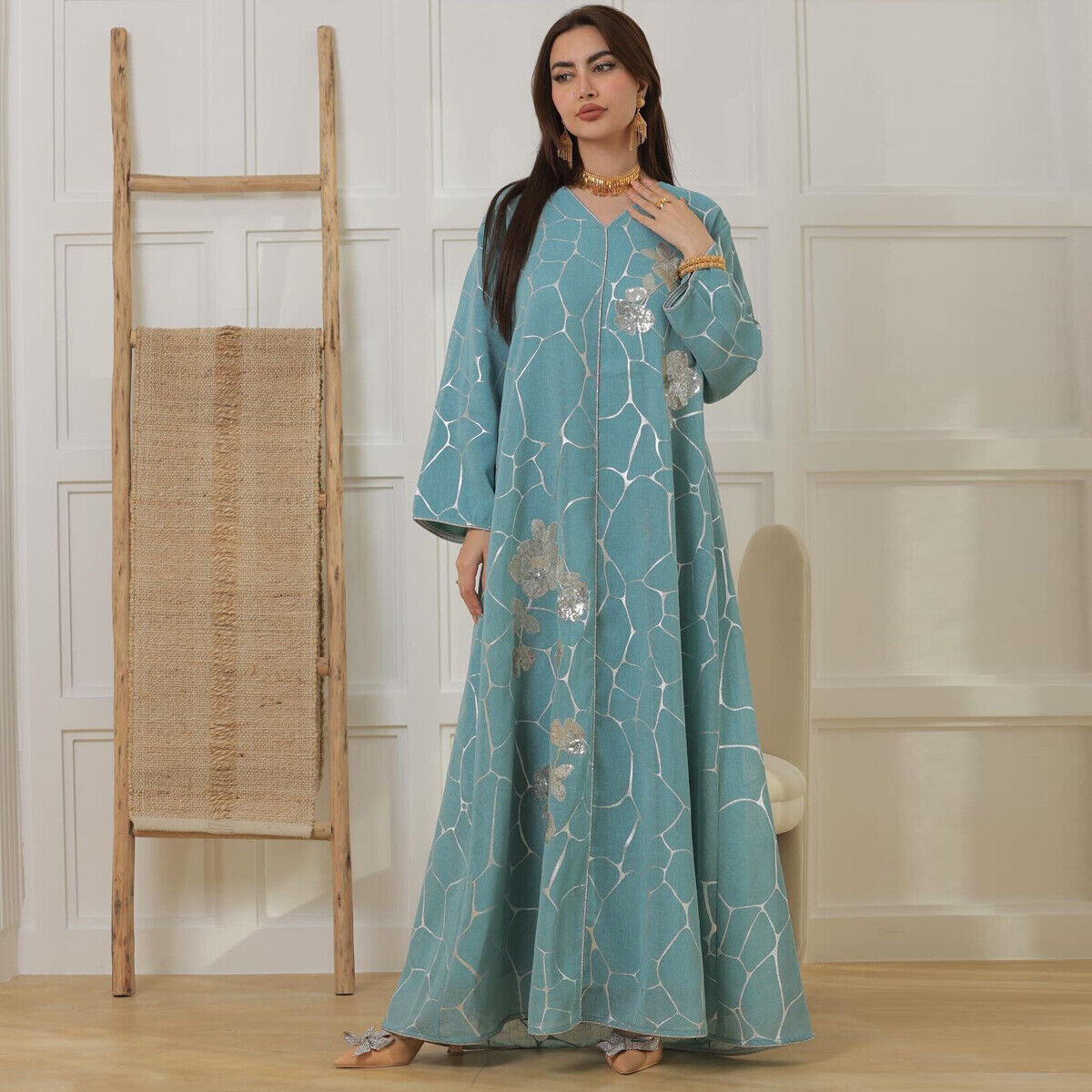 Women Muslim Abaya Maxi Dress Evening Kaftan Long Robe Floral Printed Arab Gown - Picture 348 of 406