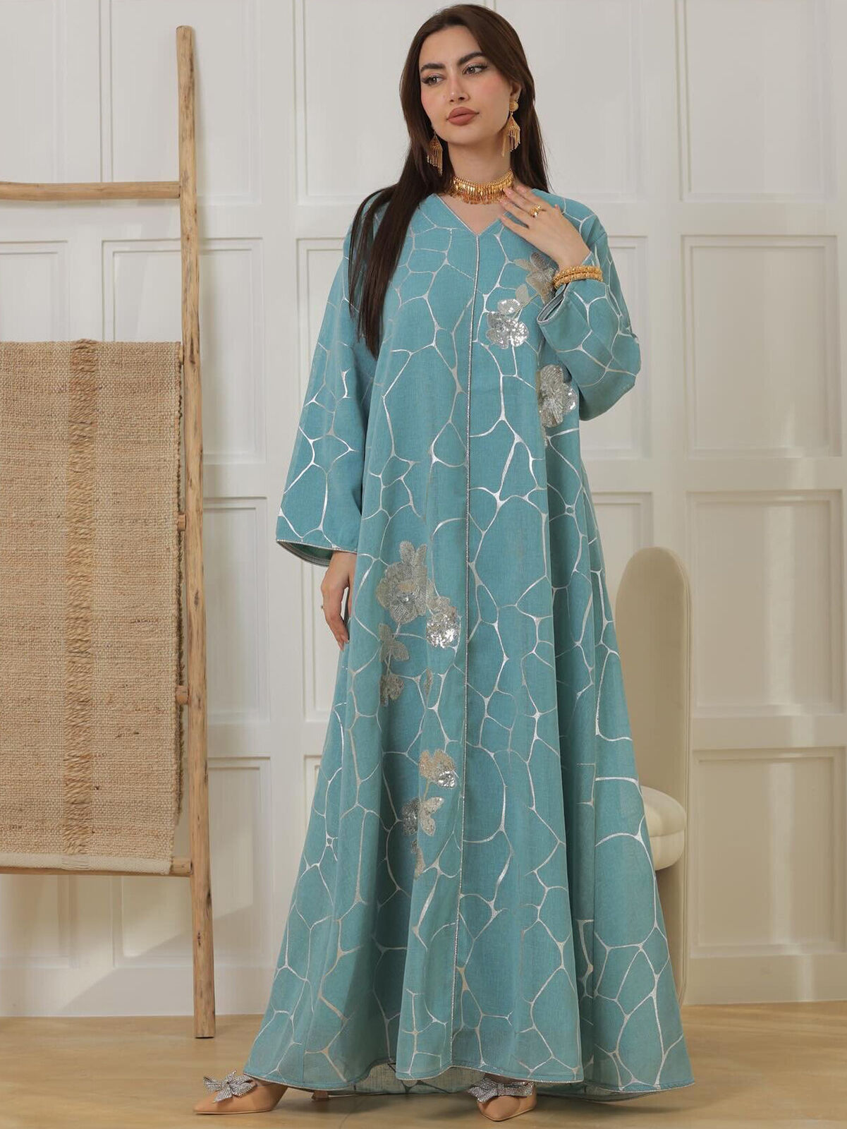 Women Muslim Abaya Maxi Dress Evening Kaftan Long Robe Floral Printed Arab Gown - Picture 351 of 406