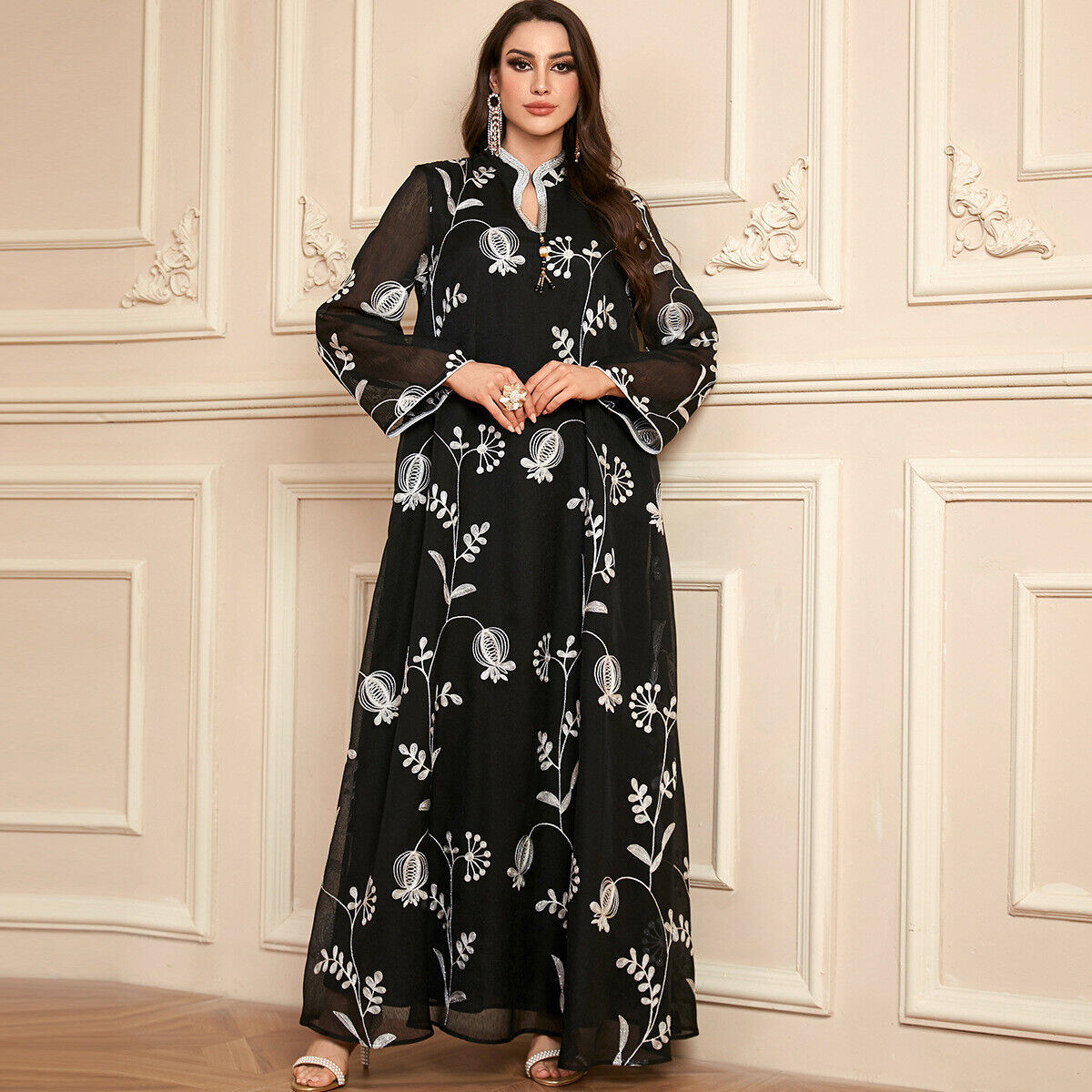 Women Muslim Abaya Maxi Dress Evening Kaftan Long Robe Floral Printed Arab Gown - Picture 356 of 406