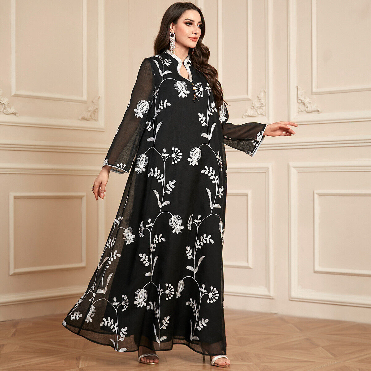 Women Muslim Abaya Maxi Dress Evening Kaftan Long Robe Floral Printed Arab Gown - Picture 357 of 406