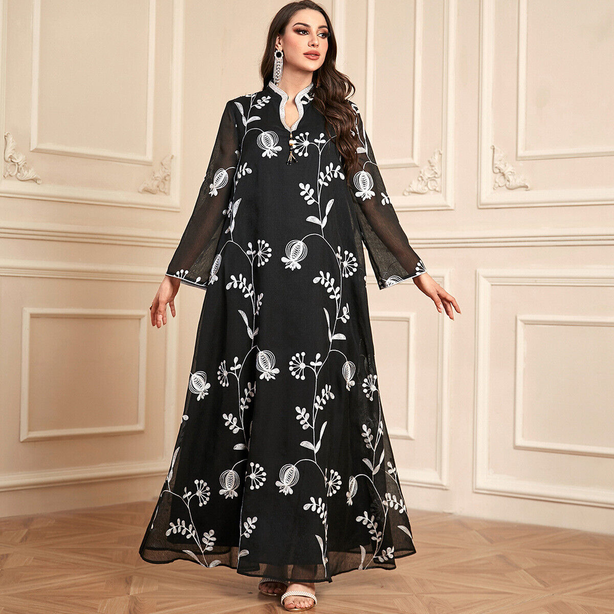 Women Muslim Abaya Maxi Dress Evening Kaftan Long Robe Floral Printed Arab Gown - Picture 358 of 406