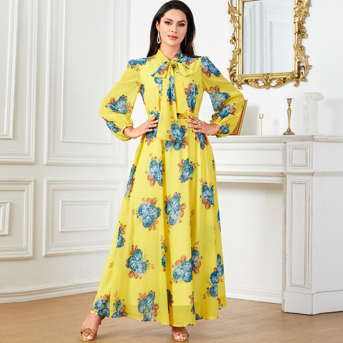 Women Muslim Abaya Maxi Dress Evening Kaftan Long Robe Floral Printed Arab Gown - Picture 366 of 406