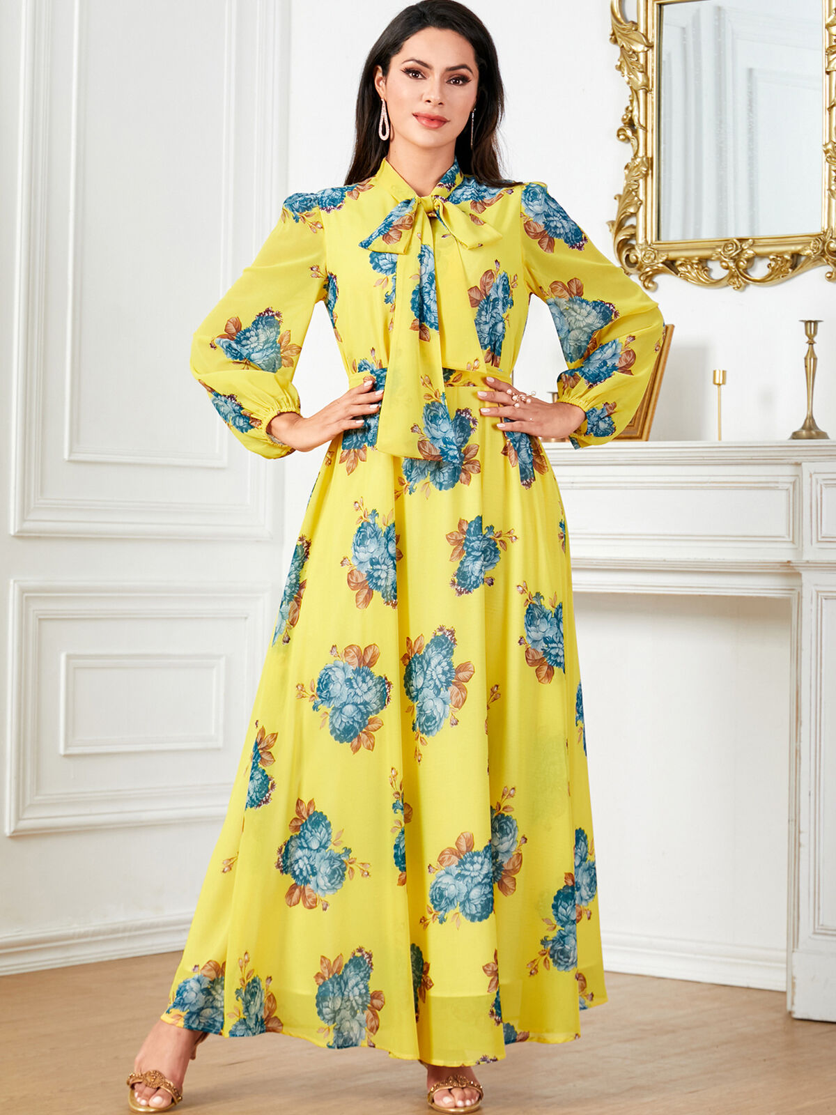 Women Muslim Abaya Maxi Dress Evening Kaftan Long Robe Floral Printed Arab Gown - Picture 368 of 406