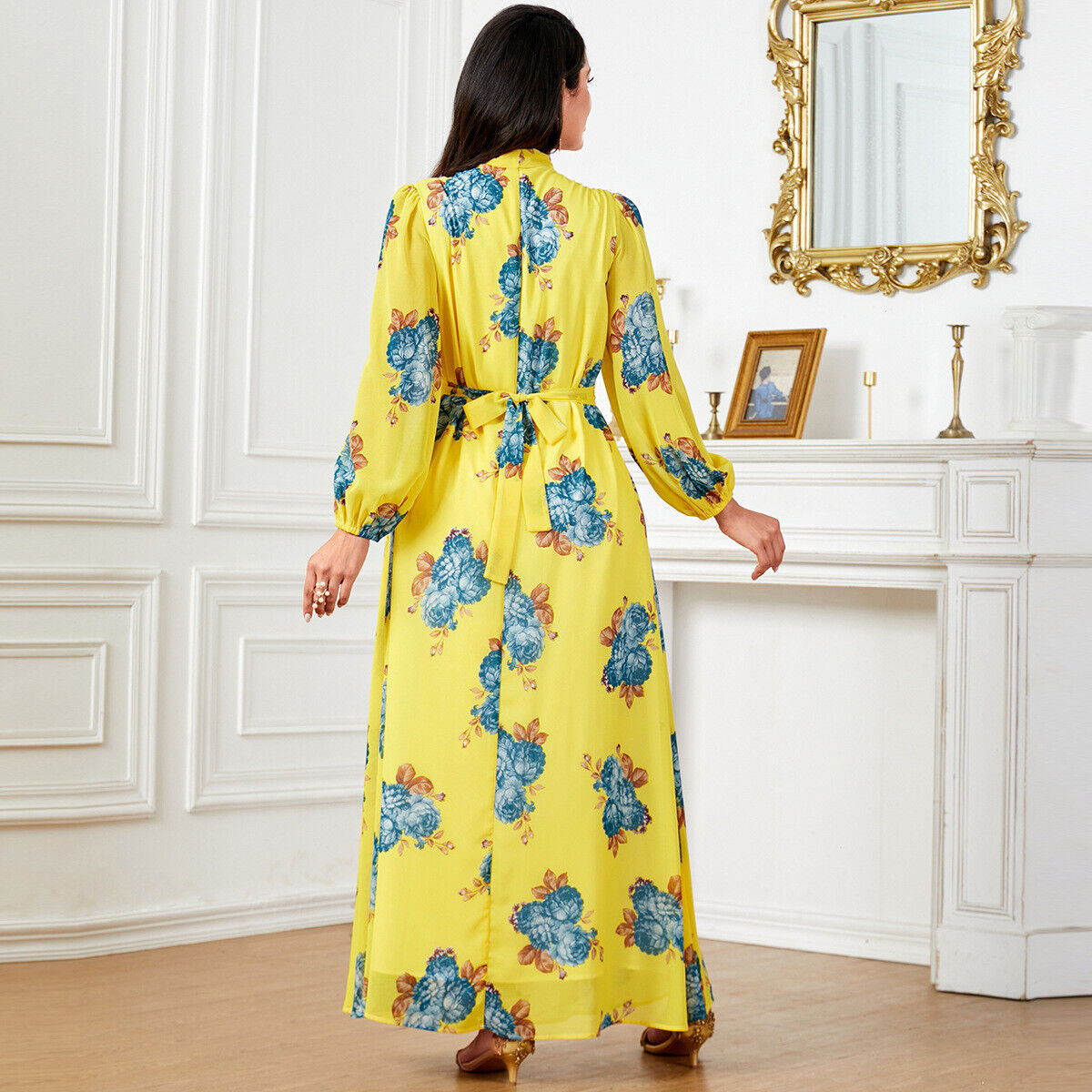 Women Muslim Abaya Maxi Dress Evening Kaftan Long Robe Floral Printed Arab Gown - Picture 369 of 406