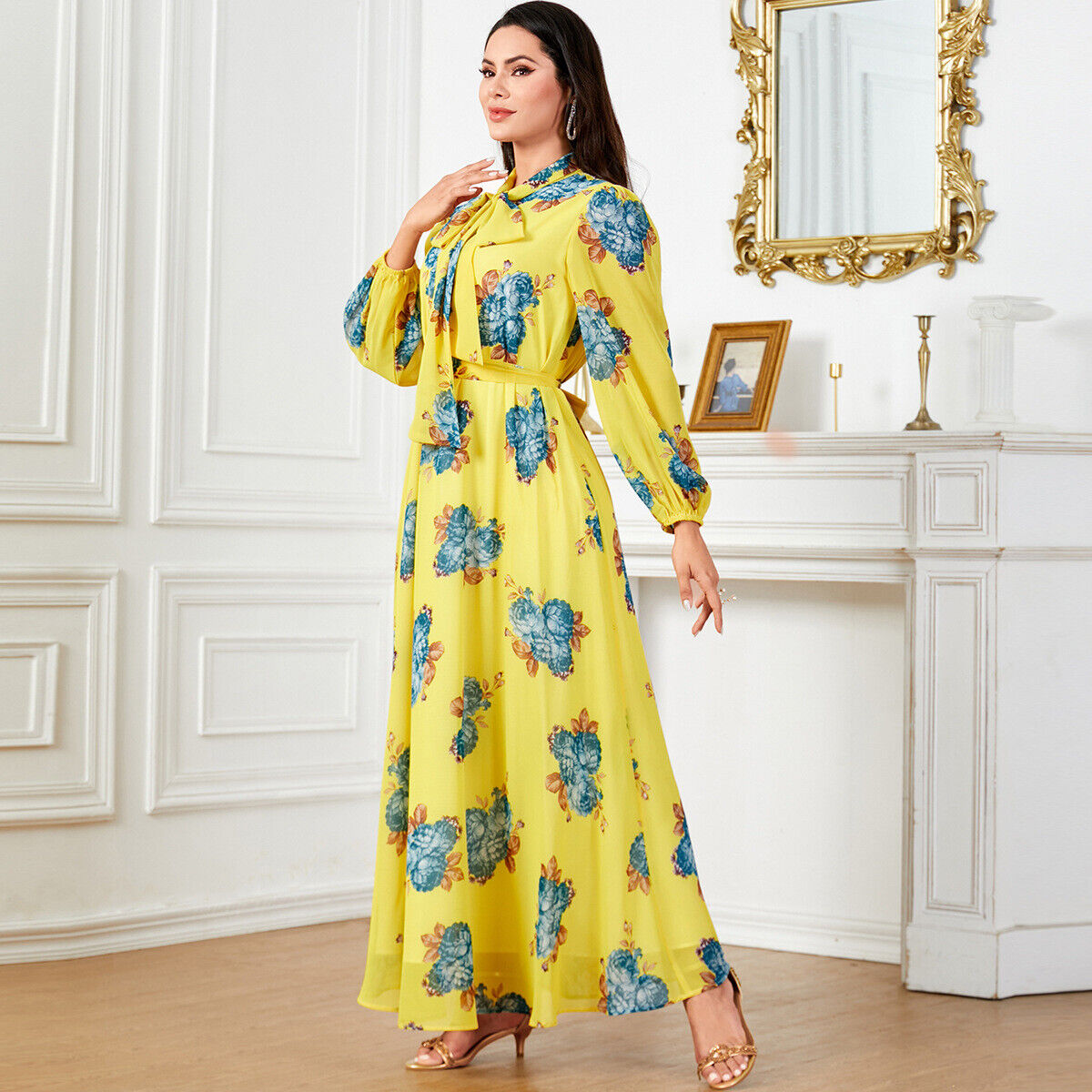 Women Muslim Abaya Maxi Dress Evening Kaftan Long Robe Floral Printed Arab Gown - Picture 370 of 406