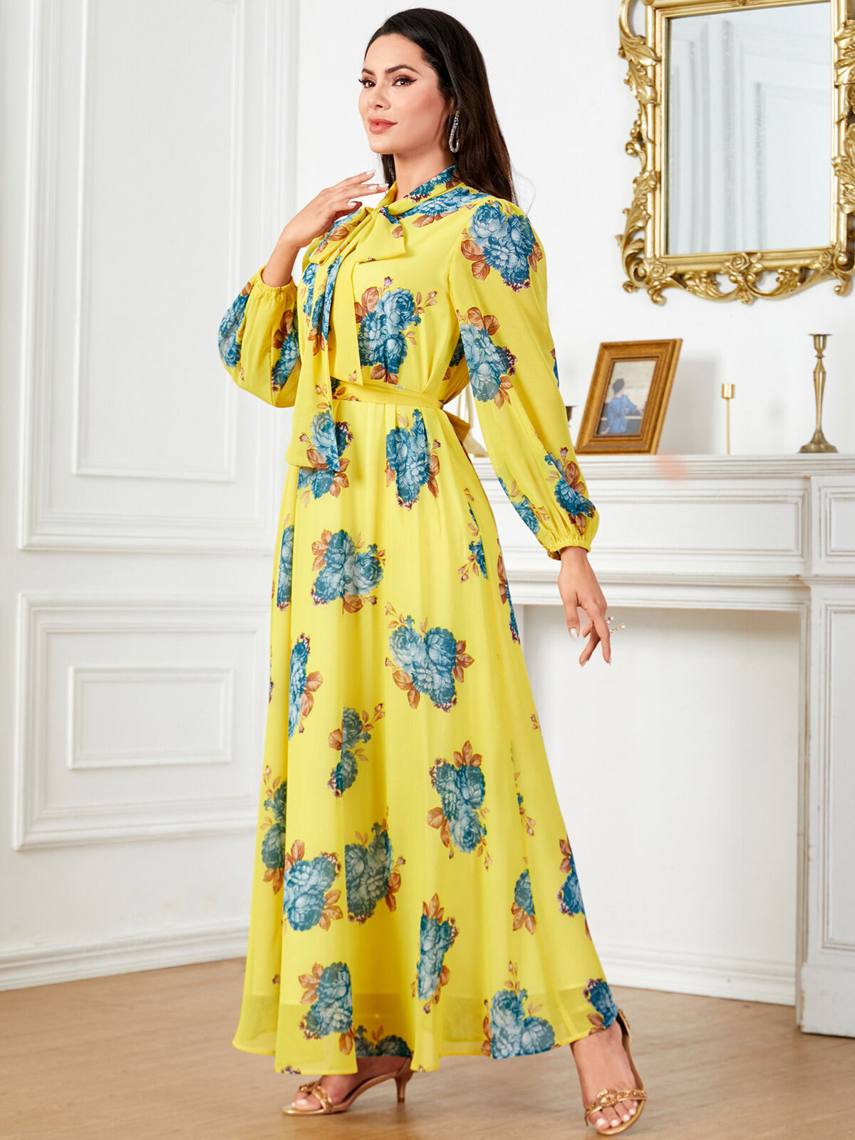 Women Muslim Abaya Maxi Dress Evening Kaftan Long Robe Floral Printed Arab Gown - Picture 372 of 406