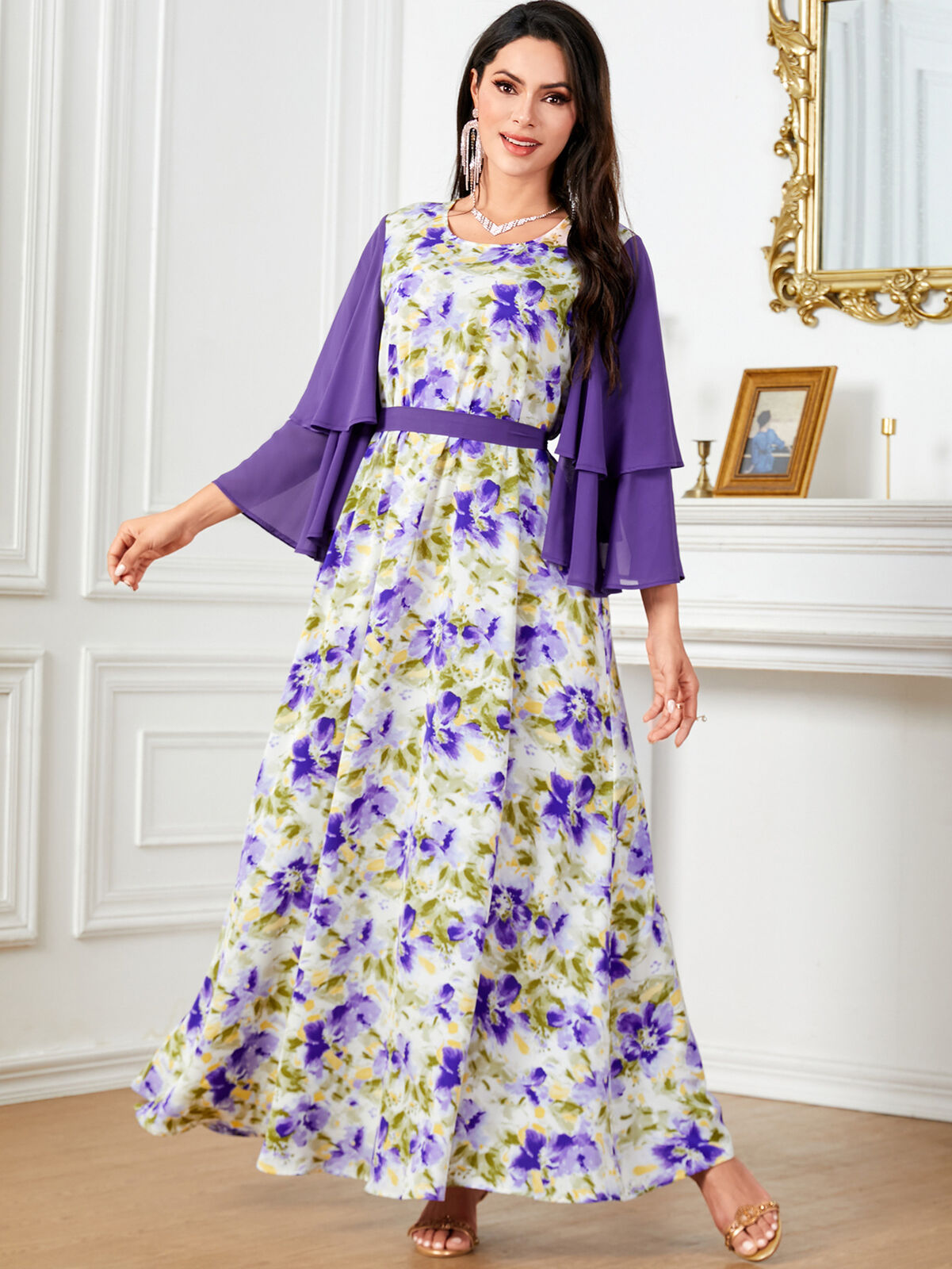 Women Muslim Abaya Maxi Dress Evening Kaftan Long Robe Floral Printed Arab Gown - Picture 374 of 406