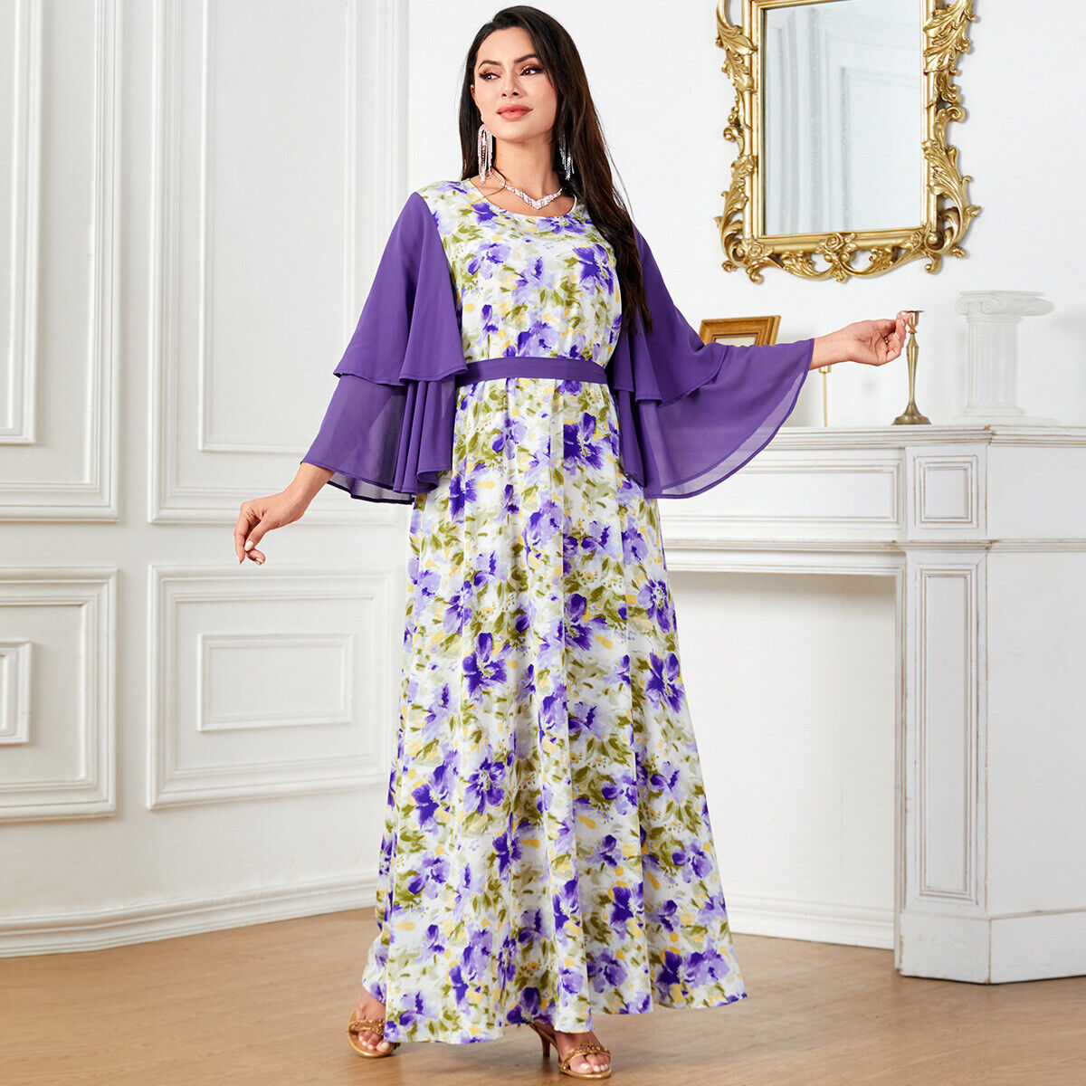 Women Muslim Abaya Maxi Dress Evening Kaftan Long Robe Floral Printed Arab Gown - Picture 375 of 406