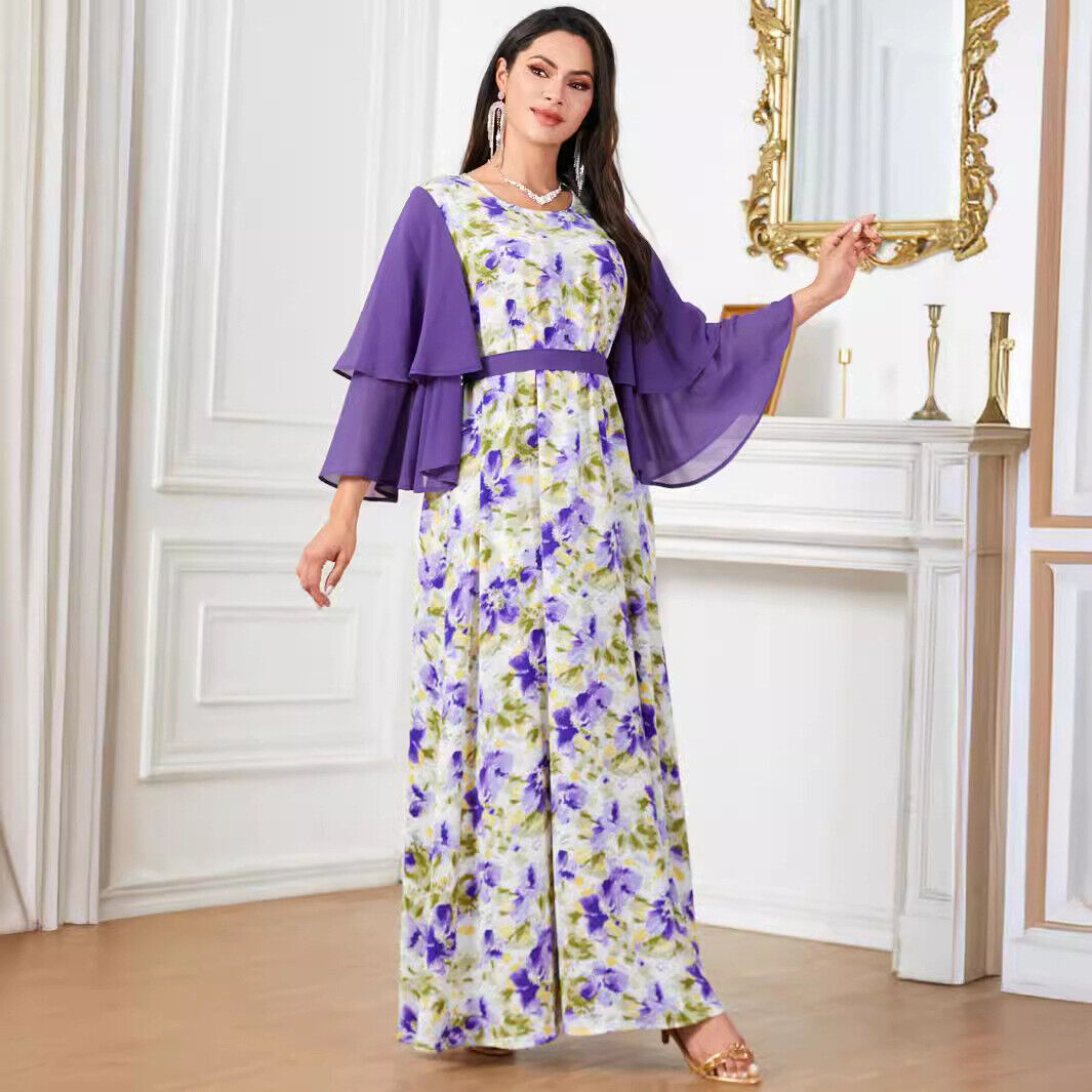 Women Muslim Abaya Maxi Dress Evening Kaftan Long Robe Floral Printed Arab Gown - Picture 376 of 406
