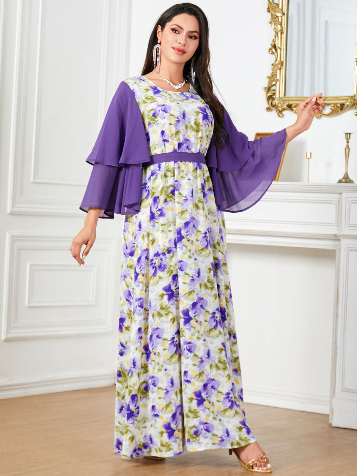 Women Muslim Abaya Maxi Dress Evening Kaftan Long Robe Floral Printed Arab Gown - Picture 379 of 406