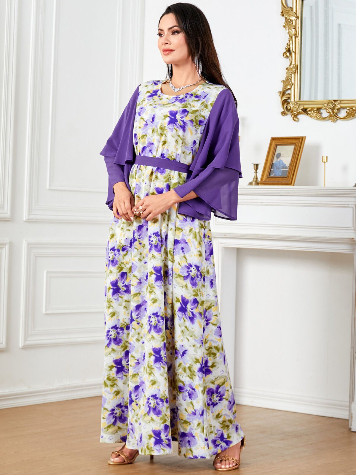 Women Muslim Abaya Maxi Dress Evening Kaftan Long Robe Floral Printed Arab Gown - Picture 380 of 406