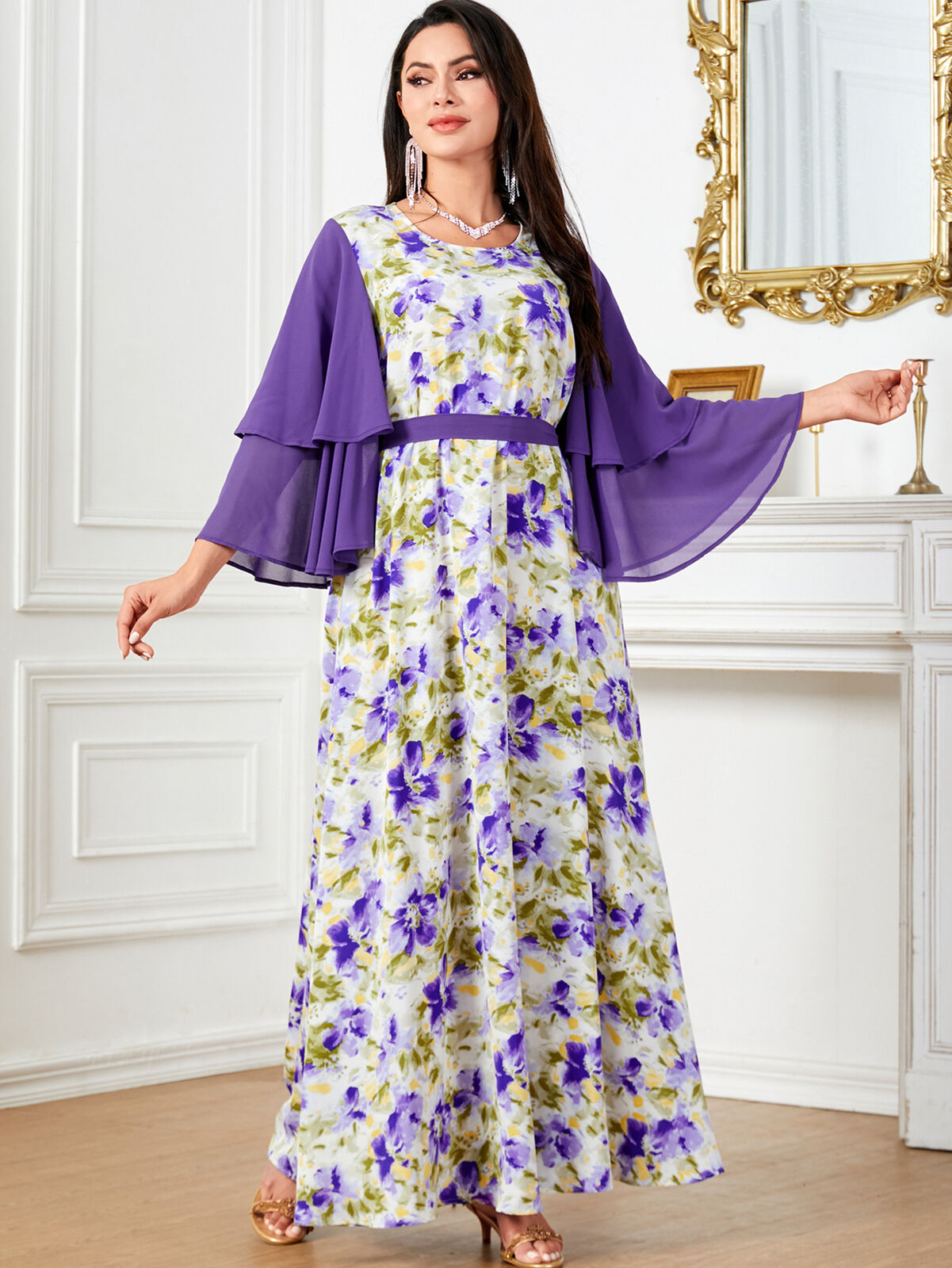 Women Muslim Abaya Maxi Dress Evening Kaftan Long Robe Floral Printed Arab Gown - Picture 381 of 406