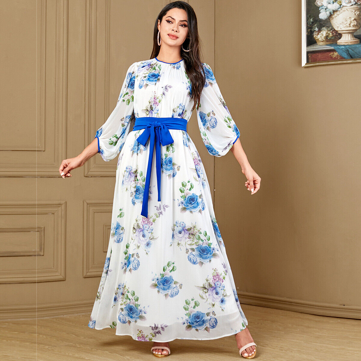 Women Muslim Abaya Maxi Dress Evening Kaftan Long Robe Floral Printed Arab Gown - Picture 383 of 406