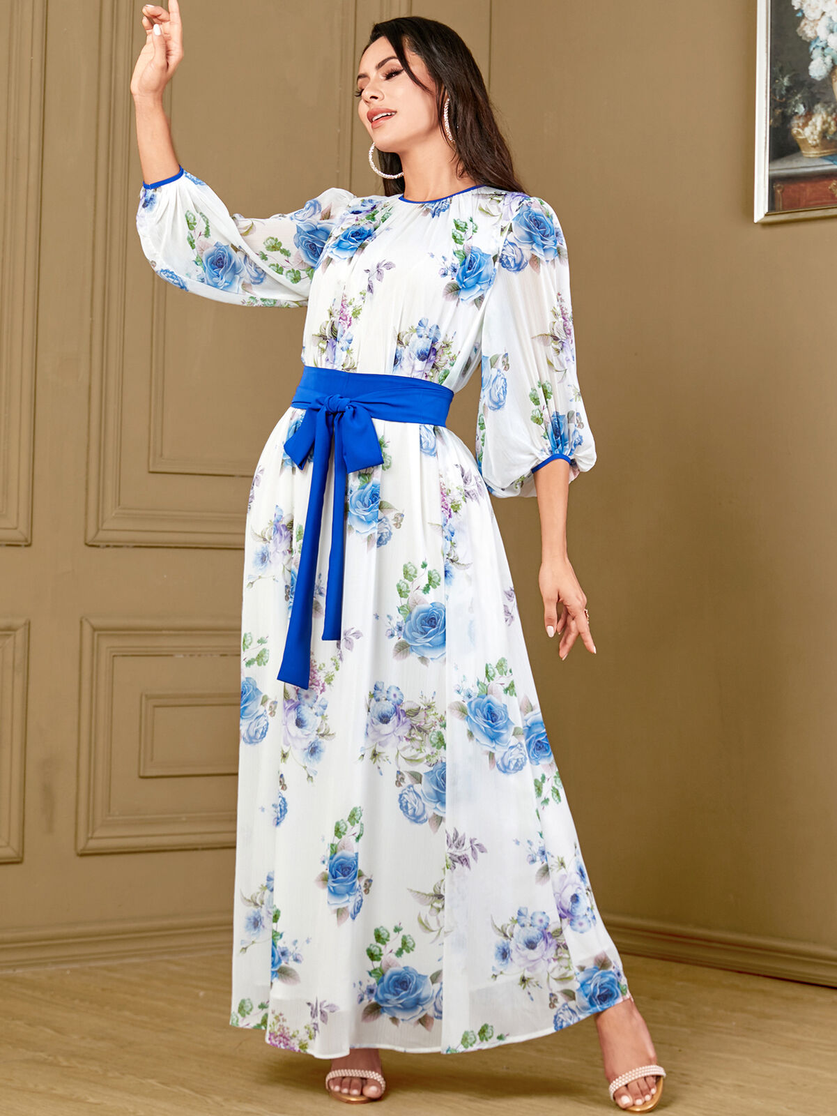 Women Muslim Abaya Maxi Dress Evening Kaftan Long Robe Floral Printed Arab Gown - Picture 387 of 406
