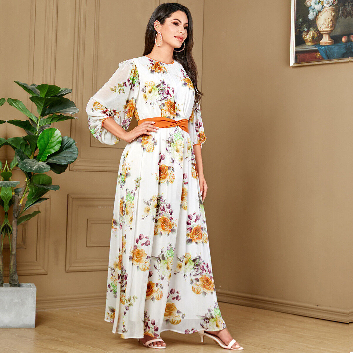 Women Muslim Abaya Maxi Dress Evening Kaftan Long Robe Floral Printed Arab Gown - Picture 390 of 406