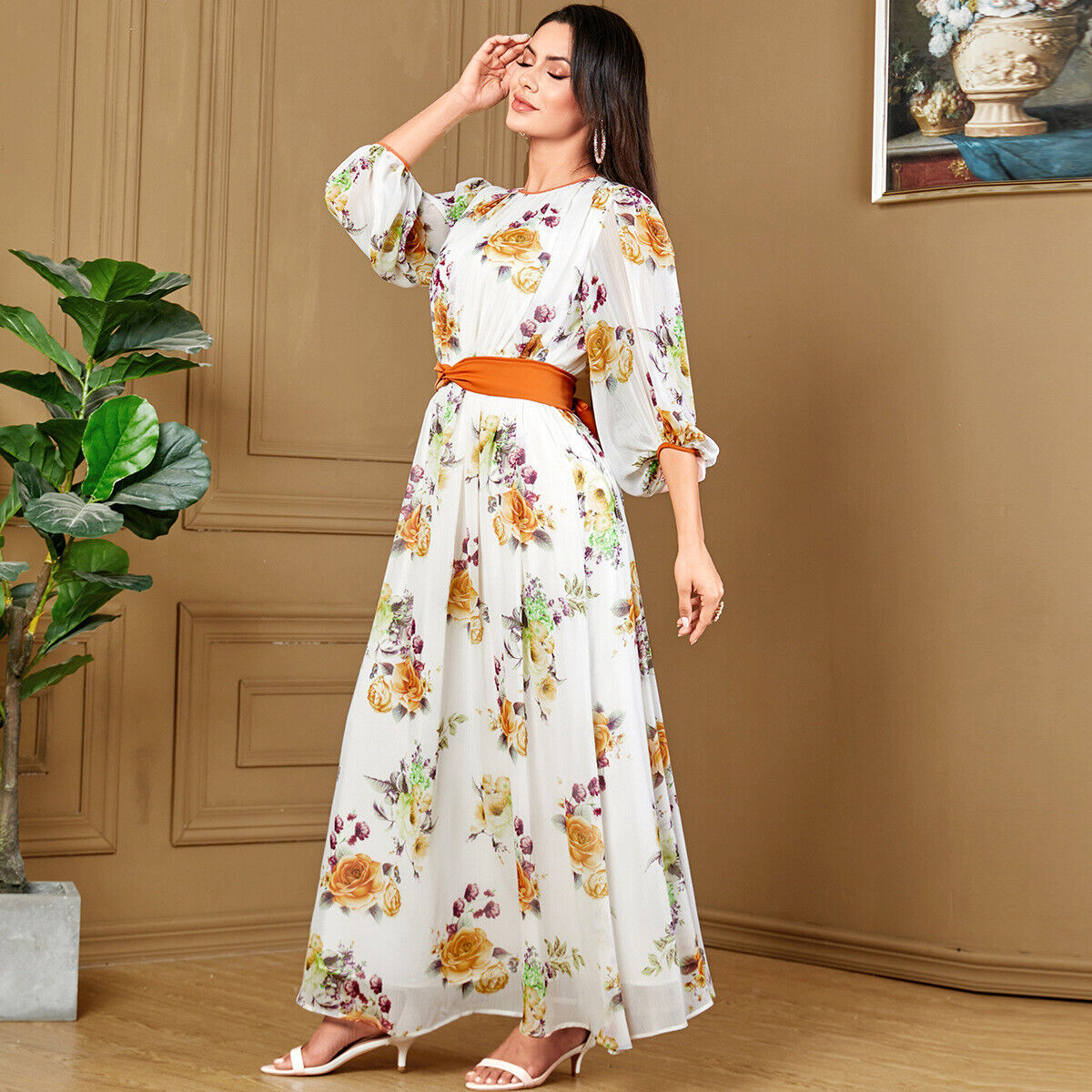 Women Muslim Abaya Maxi Dress Evening Kaftan Long Robe Floral Printed Arab Gown - Picture 392 of 406