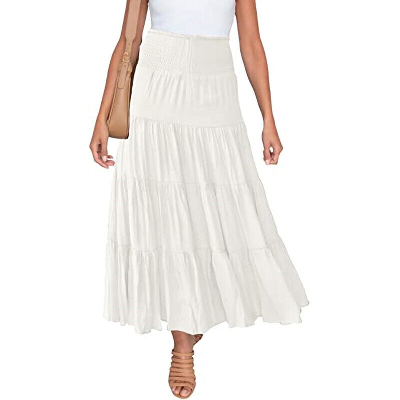 Women Pleated Ruffle Skirts Ladies Boho Loose High Waist Midi Skirt Casual Dress - Picture 21 of 24