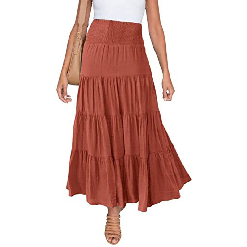 Women Pleated Ruffle Skirts Ladies Boho Loose High Waist Midi Skirt Casual Dress - Picture 19 of 24